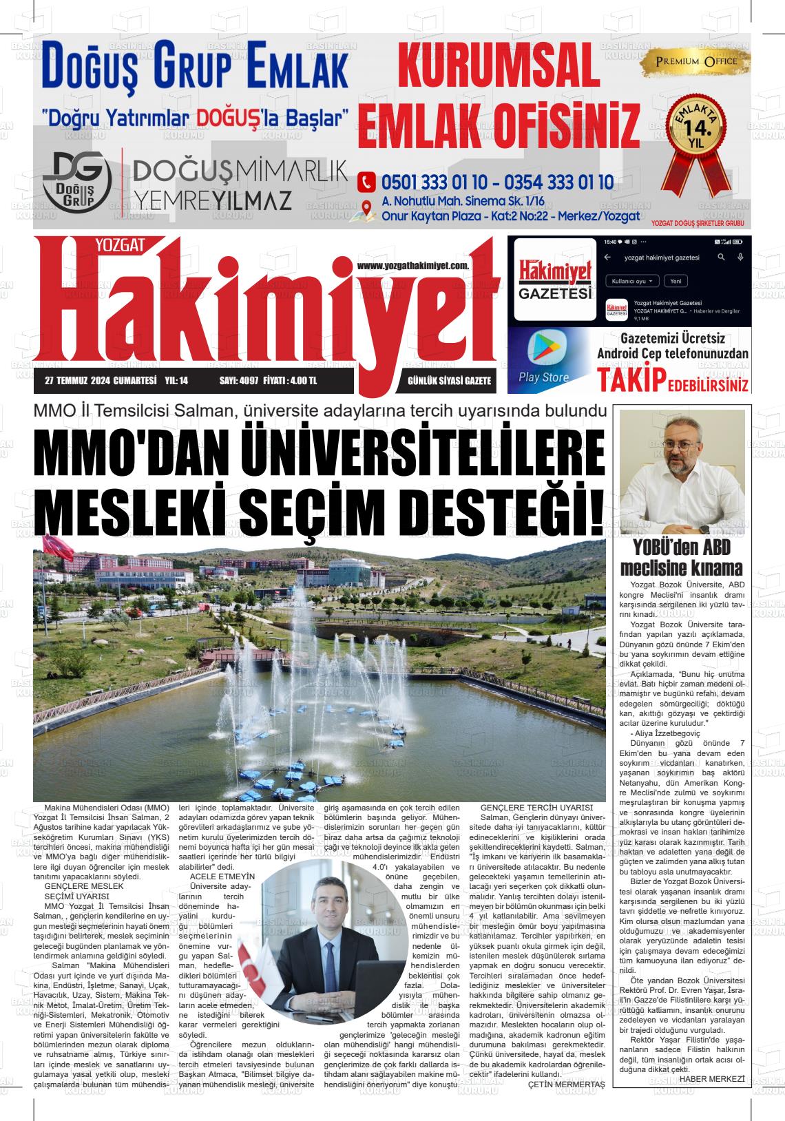 27 Temmuz 2024 Yozgat Hakimiyet Gazete Manşeti