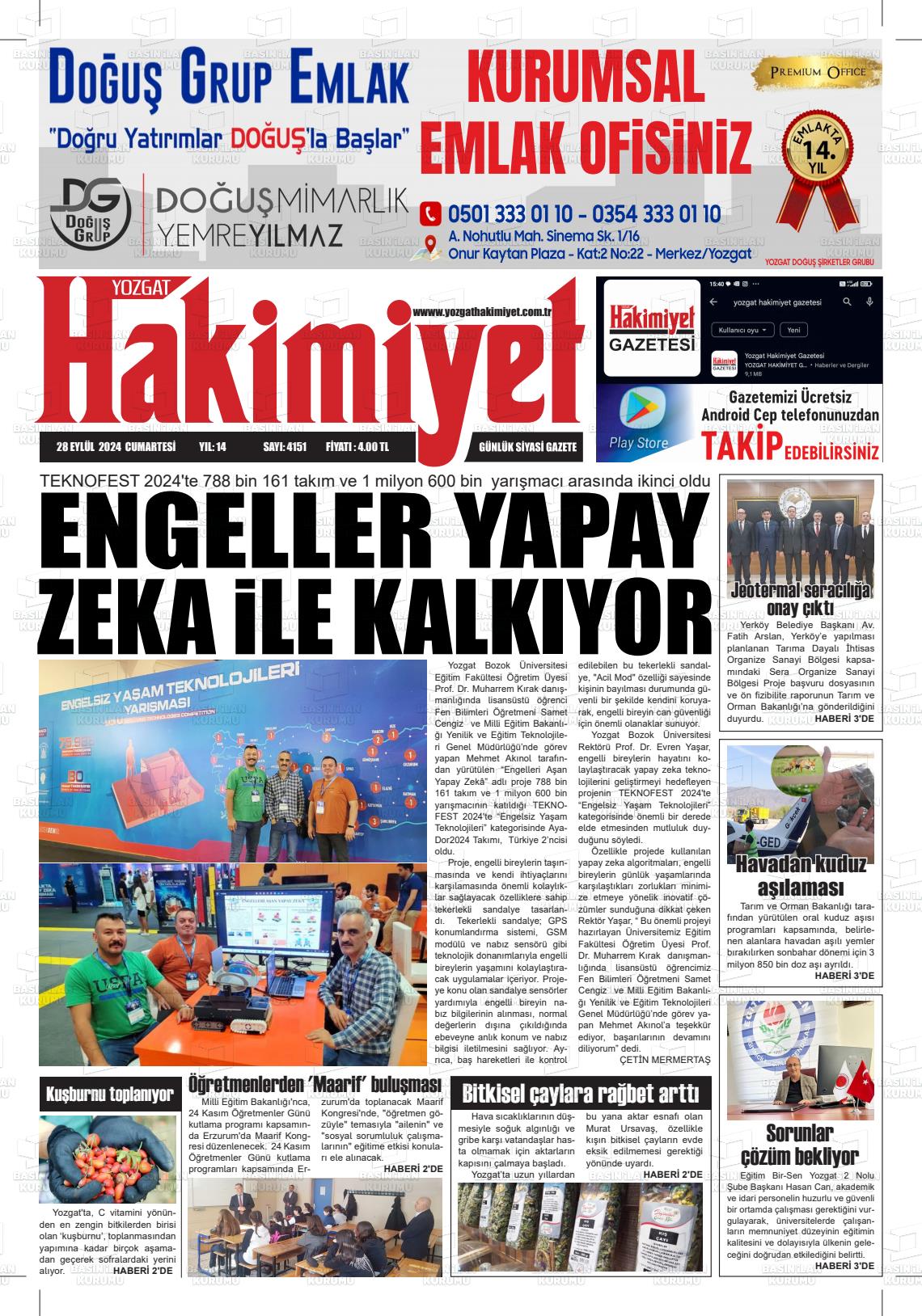 28 Eylül 2024 Yozgat Hakimiyet Gazete Manşeti