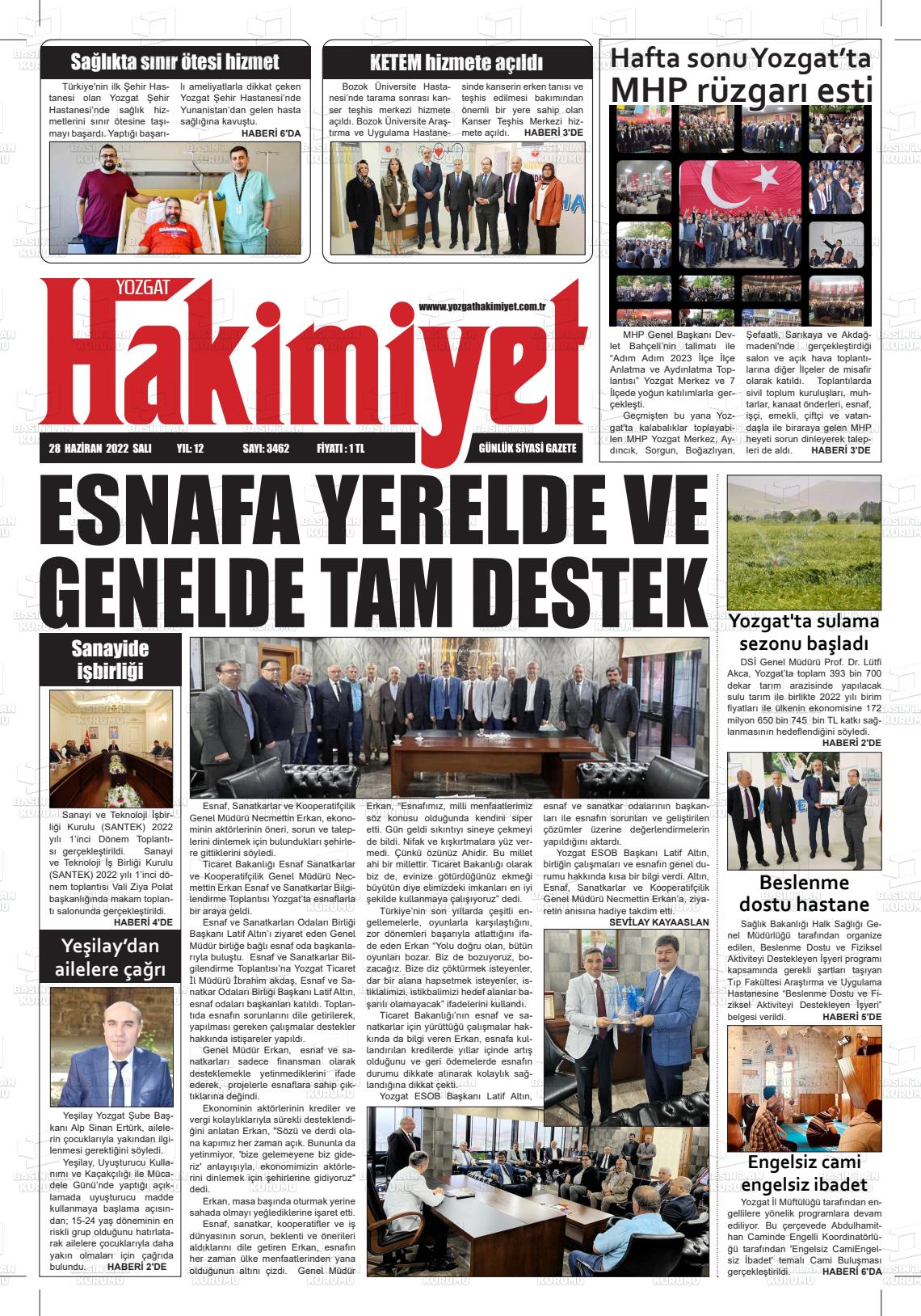 28 Haziran 2022 Yozgat Hakimiyet Gazete Manşeti