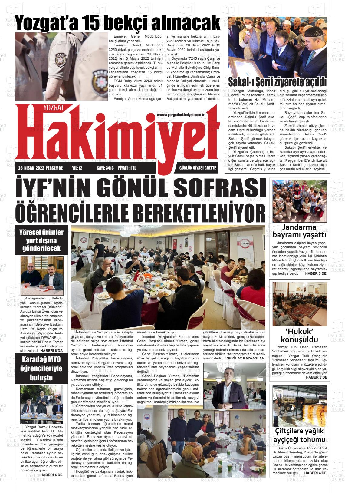 28 Nisan 2022 Yozgat Hakimiyet Gazete Manşeti