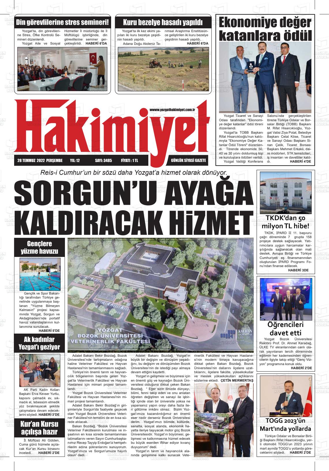 28 Temmuz 2022 Yozgat Hakimiyet Gazete Manşeti