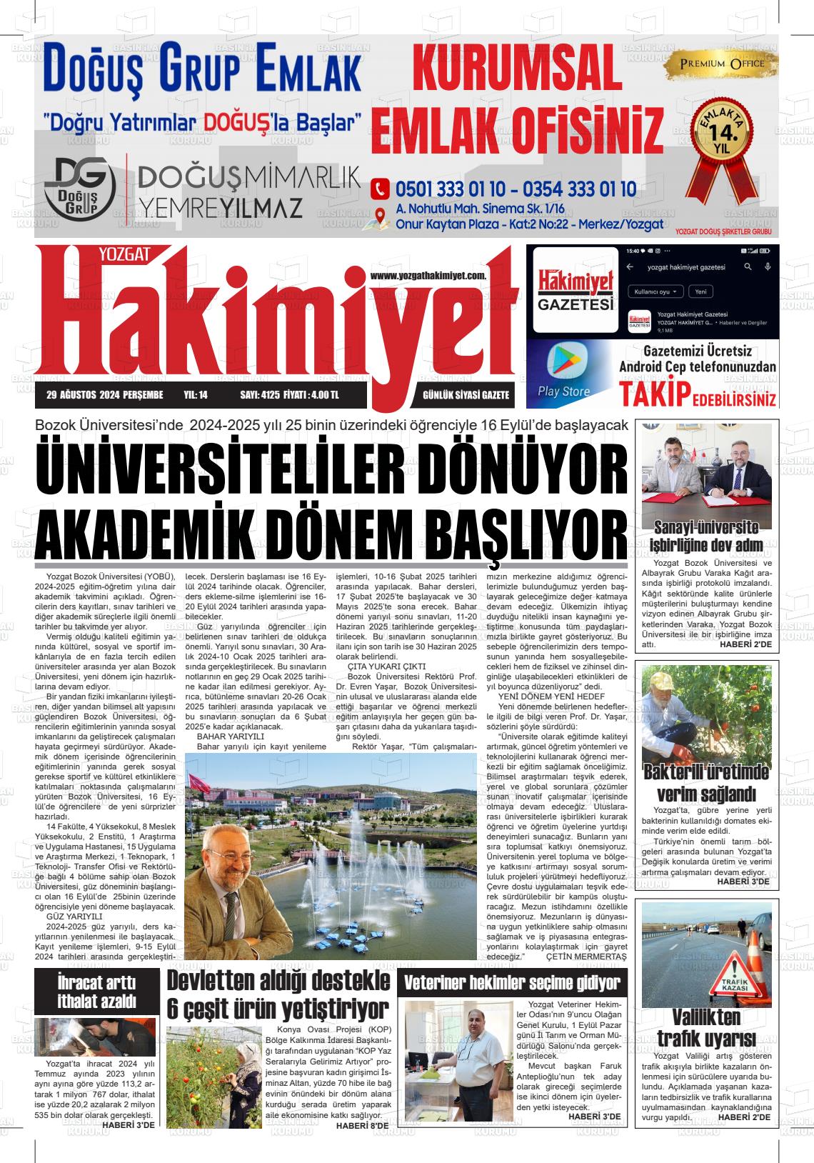 29 Ağustos 2024 Yozgat Hakimiyet Gazete Manşeti