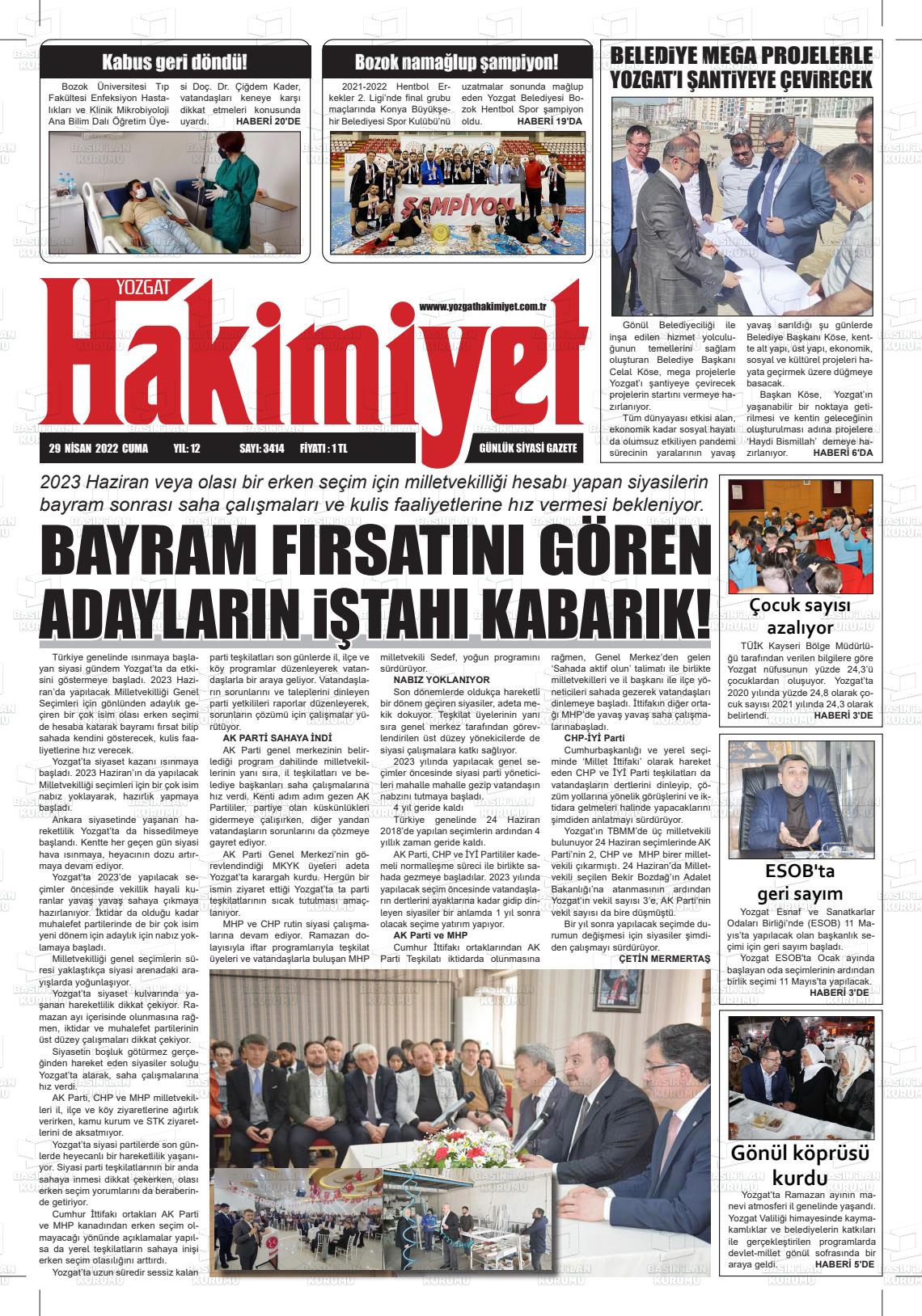 29 Nisan 2022 Yozgat Hakimiyet Gazete Manşeti