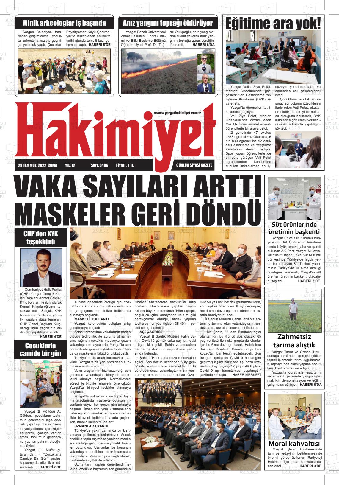 29 Temmuz 2022 Yozgat Hakimiyet Gazete Manşeti