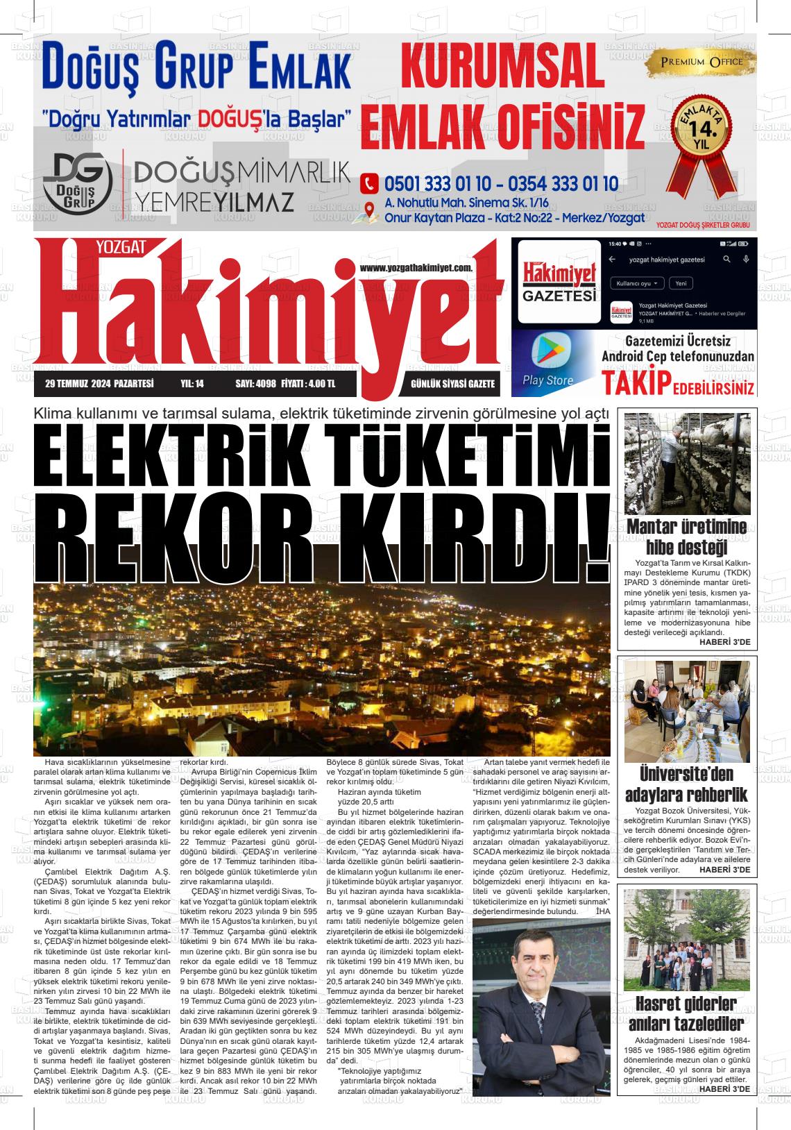 29 Temmuz 2024 Yozgat Hakimiyet Gazete Manşeti