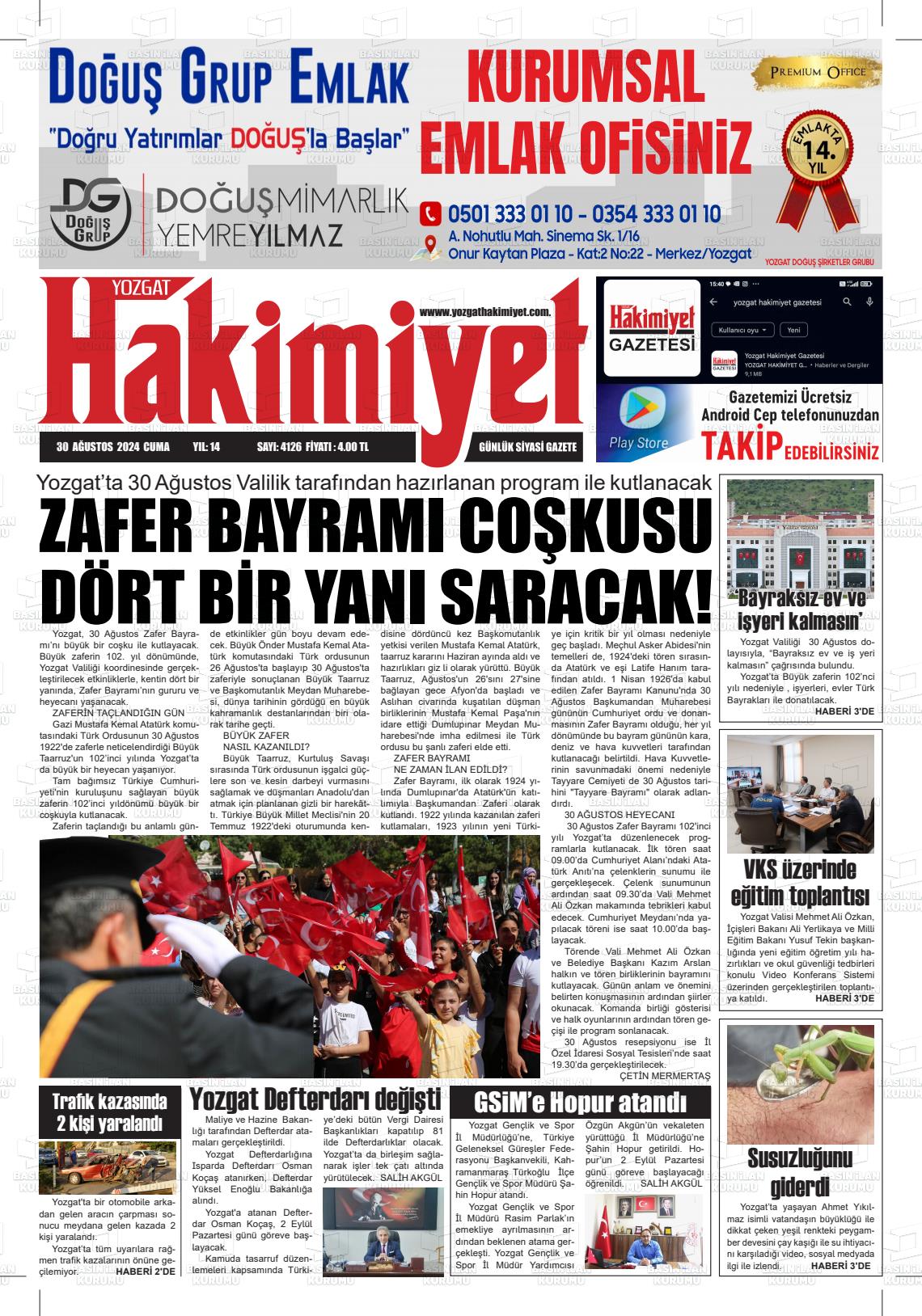 30 Ağustos 2024 Yozgat Hakimiyet Gazete Manşeti