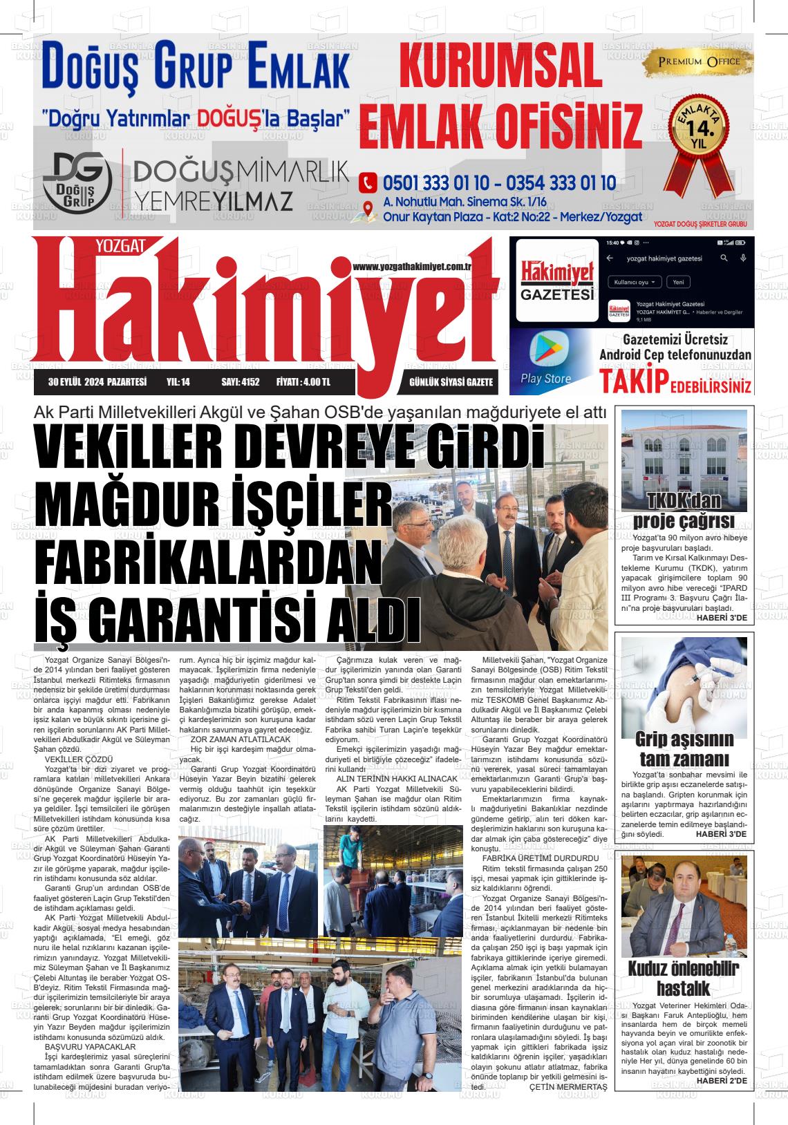 30 Eylül 2024 Yozgat Hakimiyet Gazete Manşeti