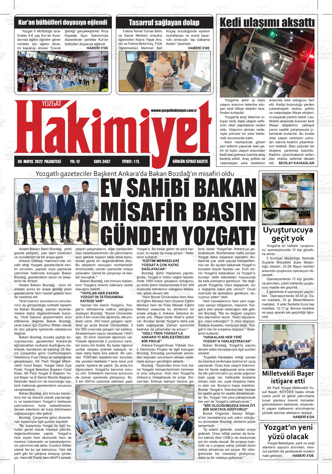 30 Mayıs 2022 Yozgat Hakimiyet Gazete Manşeti