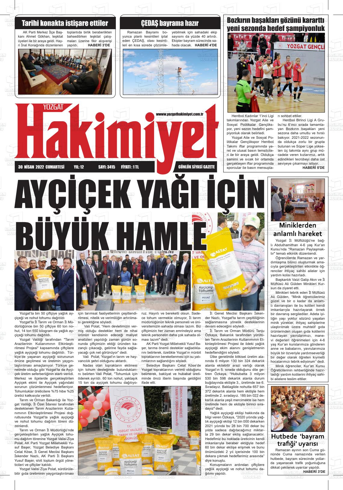 30 Nisan 2022 Yozgat Hakimiyet Gazete Manşeti