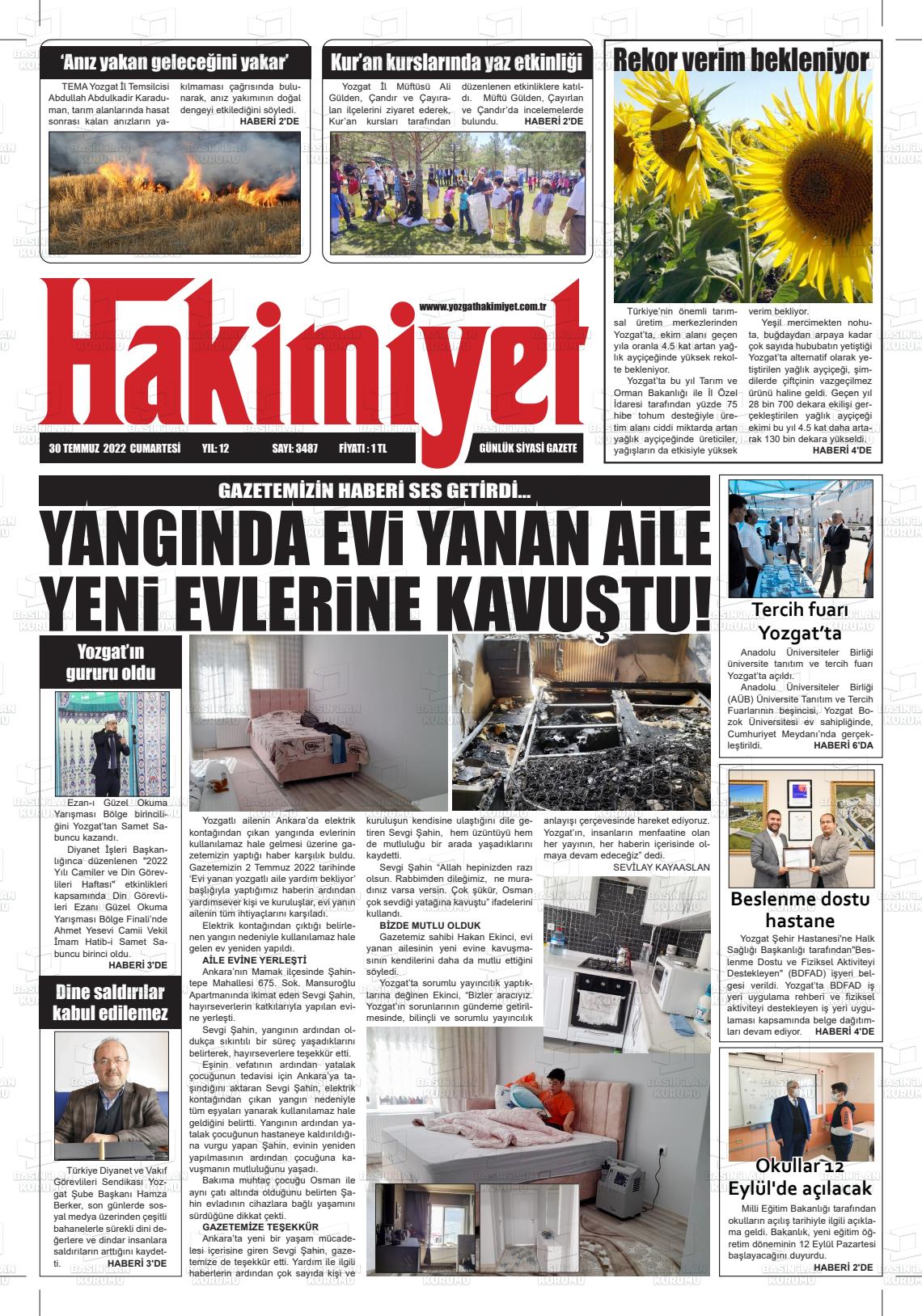 30 Temmuz 2022 Yozgat Hakimiyet Gazete Manşeti