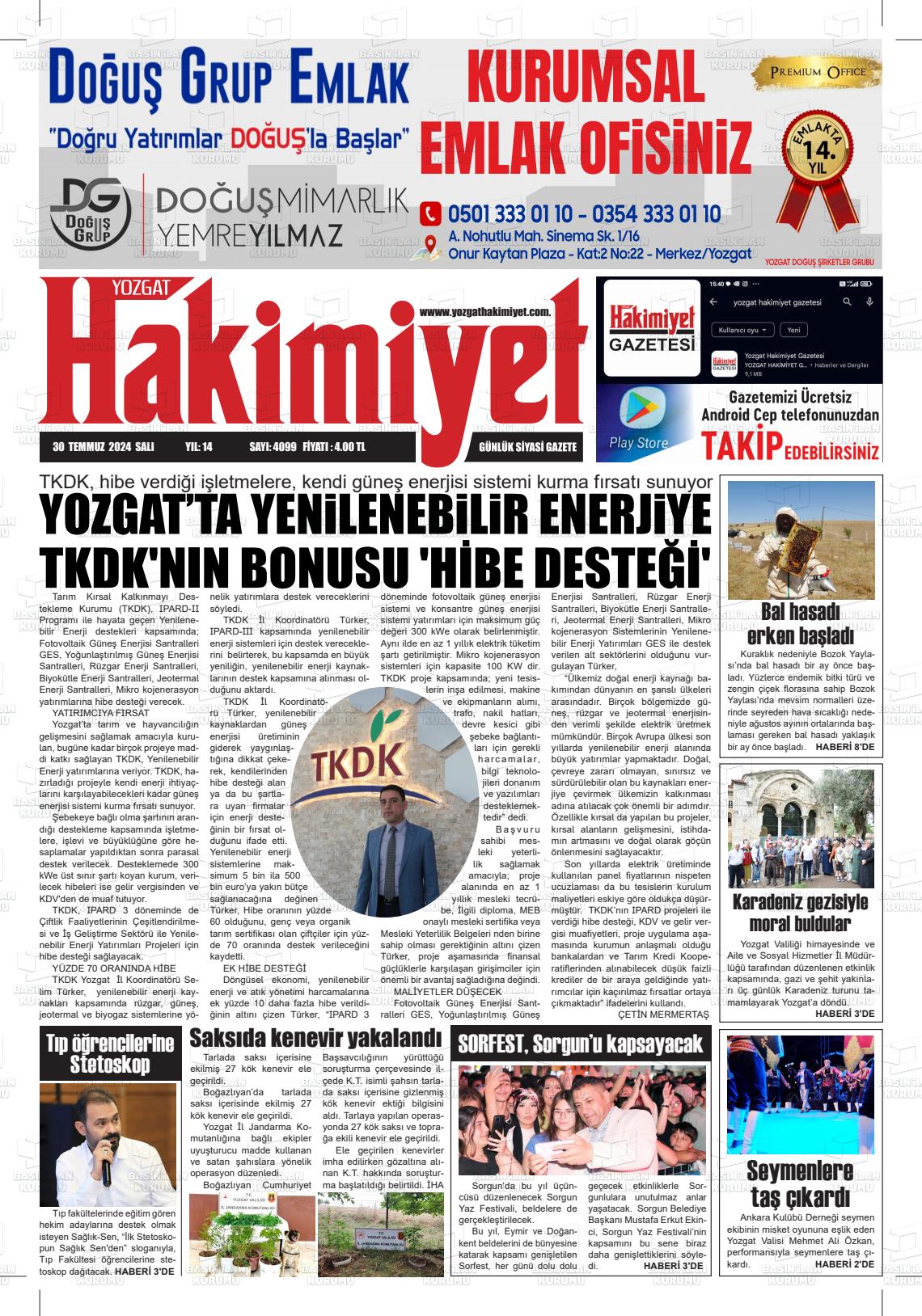 30 Temmuz 2024 Yozgat Hakimiyet Gazete Manşeti