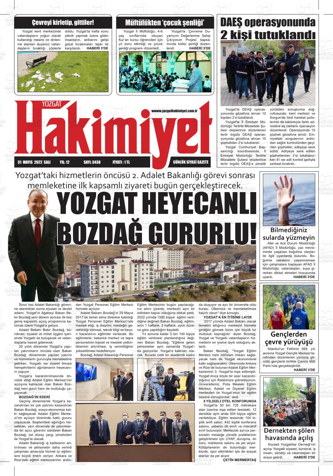 29 Temmuz 2022 Yozgat Hakimiyet Gazete Manşeti