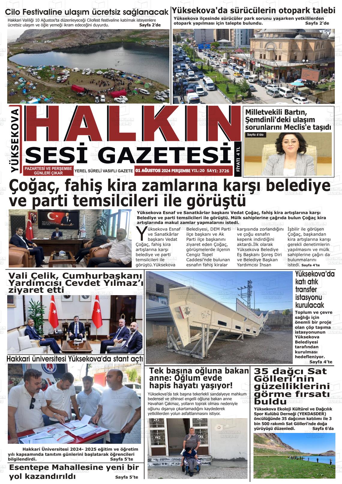 01 Ağustos 2024 Yüksekova Halkın Sesi Gazete Manşeti