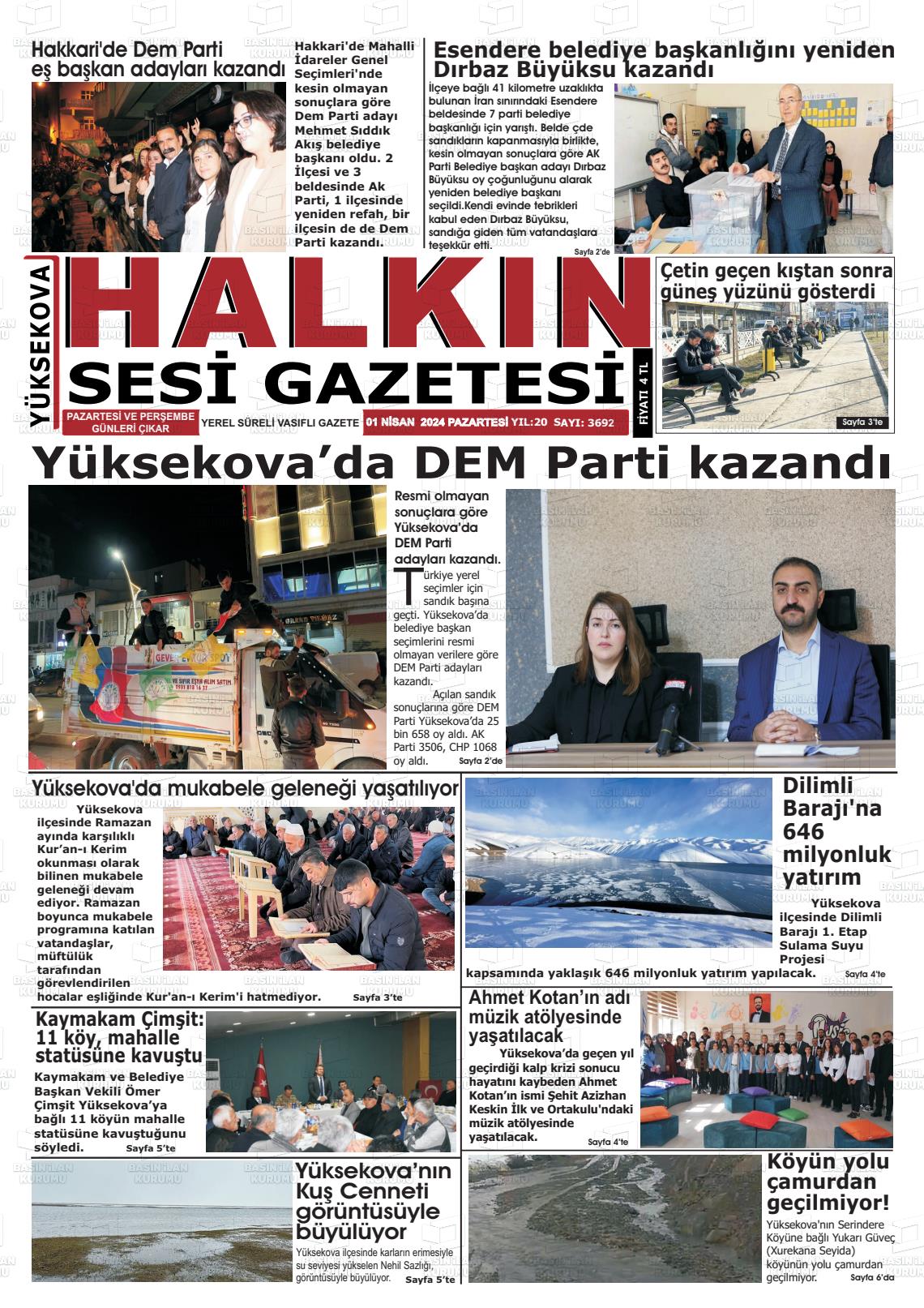 01 Nisan 2024 Yüksekova Halkın Sesi Gazete Manşeti