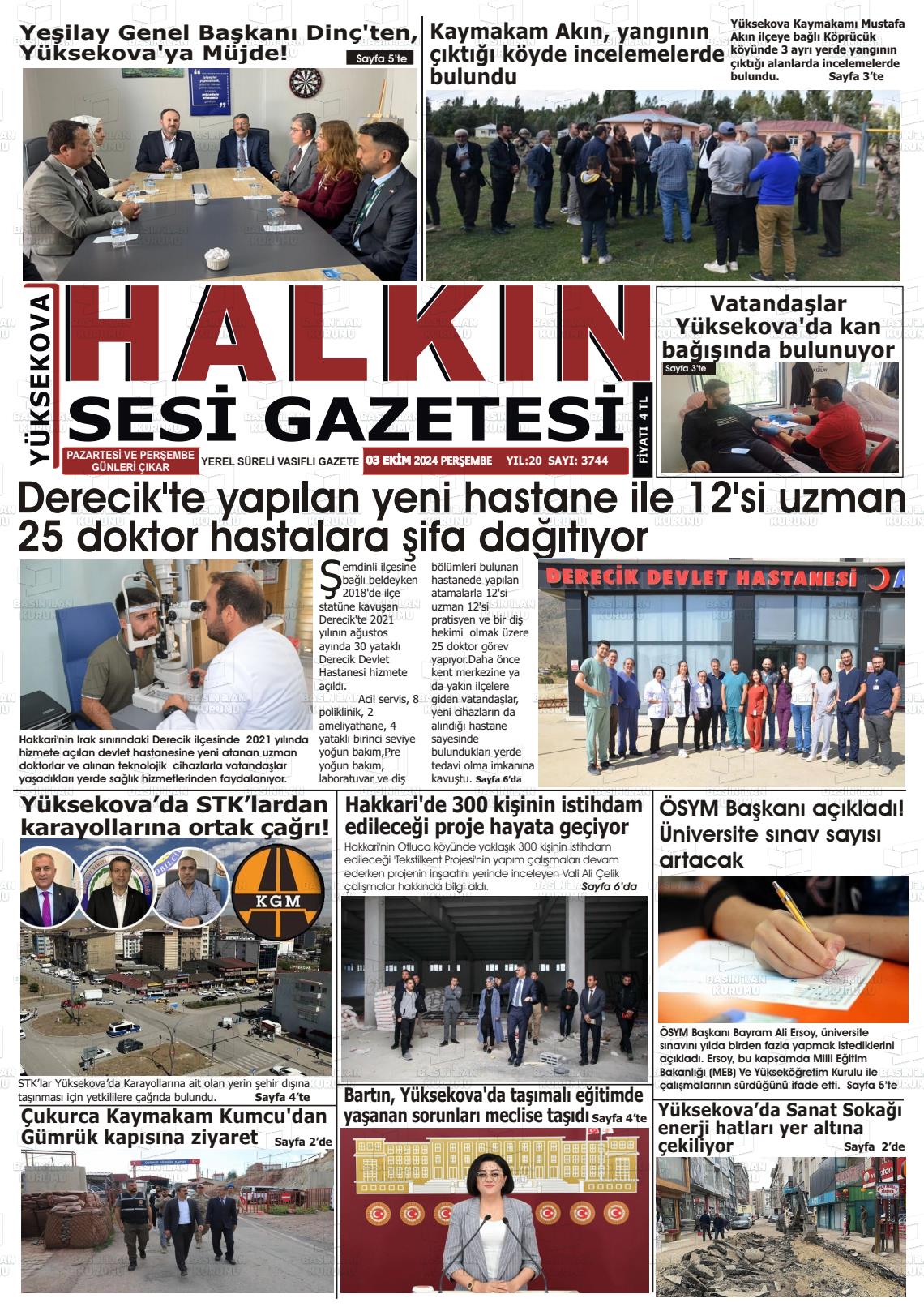 03 Ekim 2024 Yüksekova Halkın Sesi Gazete Manşeti