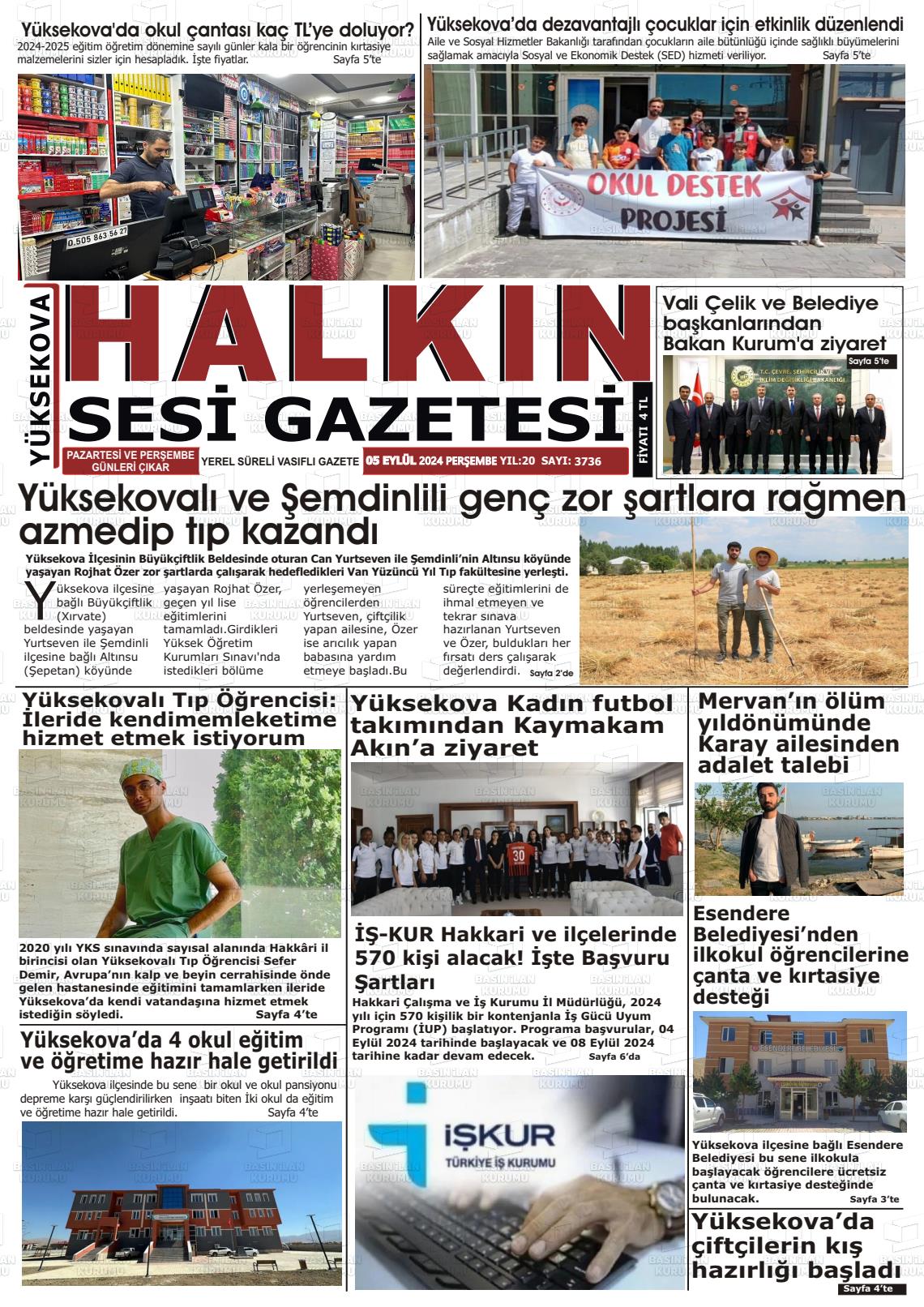 05 Eylül 2024 Yüksekova Halkın Sesi Gazete Manşeti