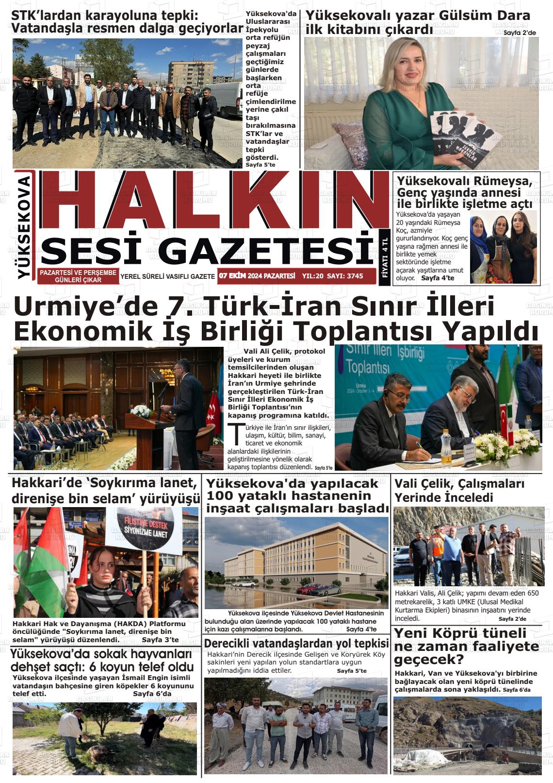 07 Ekim 2024 Yüksekova Halkın Sesi Gazete Manşeti