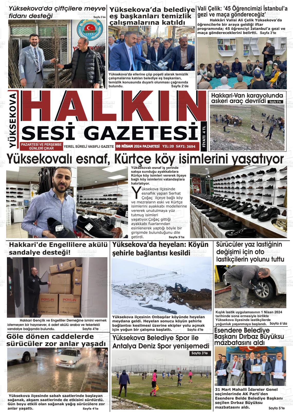 08 Nisan 2024 Yüksekova Halkın Sesi Gazete Manşeti