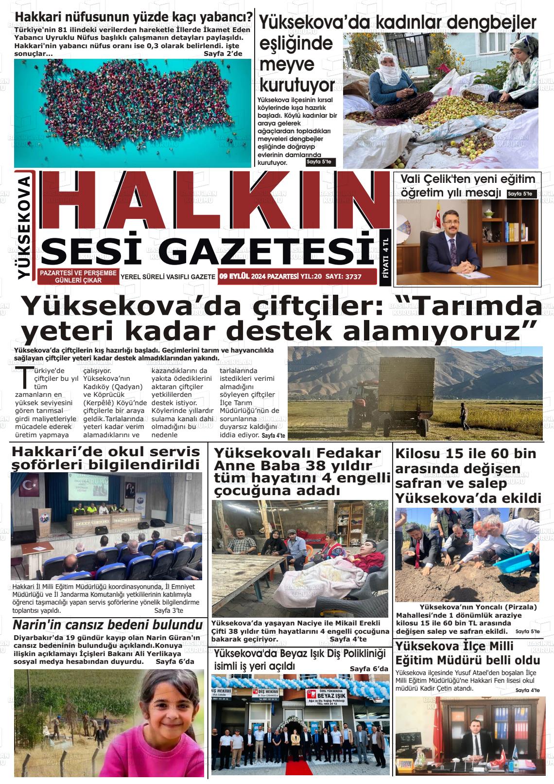 09 Eylül 2024 Yüksekova Halkın Sesi Gazete Manşeti