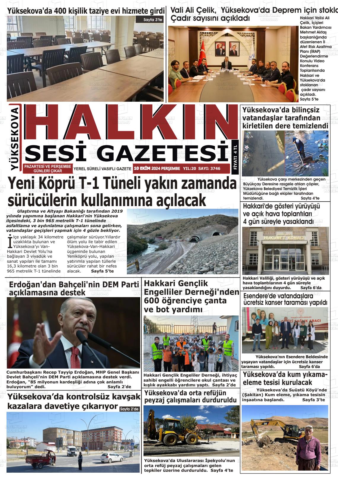 10 Ekim 2024 Yüksekova Halkın Sesi Gazete Manşeti