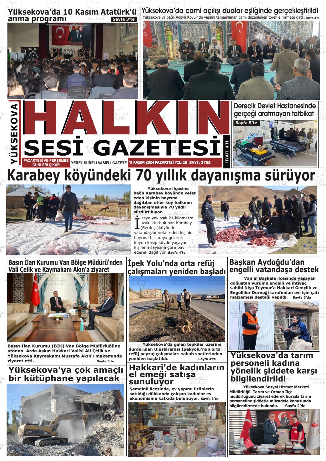 11 Kasım 2024 Yüksekova Halkın Sesi Gazete Manşeti