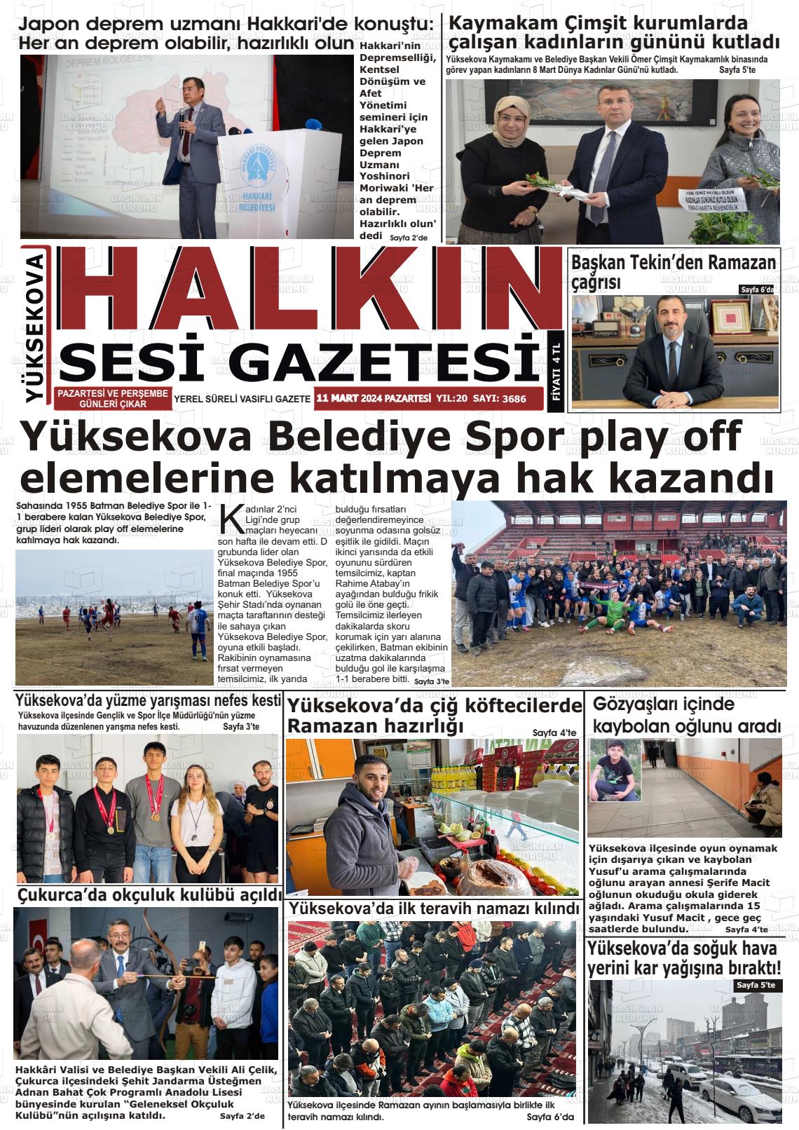 11 Mart 2024 Yüksekova Halkın Sesi Gazete Manşeti