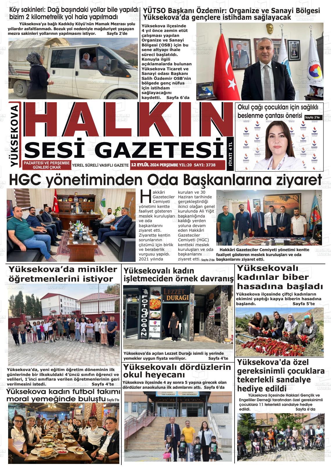 12 Eylül 2024 Yüksekova Halkın Sesi Gazete Manşeti