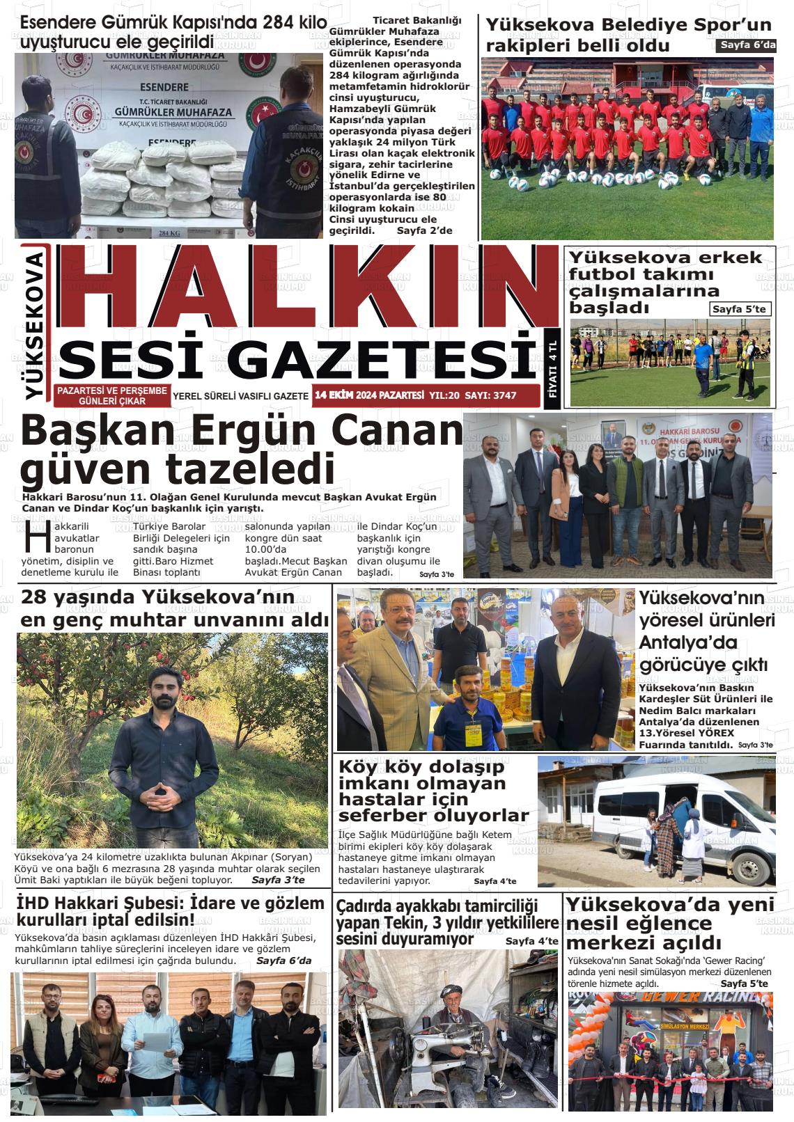 14 Ekim 2024 Yüksekova Halkın Sesi Gazete Manşeti