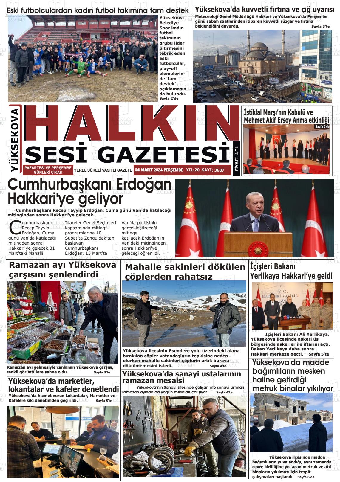 14 Mart 2024 Yüksekova Halkın Sesi Gazete Manşeti