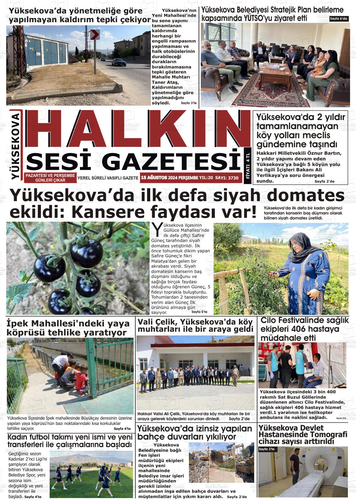 15 Ağustos 2024 Yüksekova Halkın Sesi Gazete Manşeti