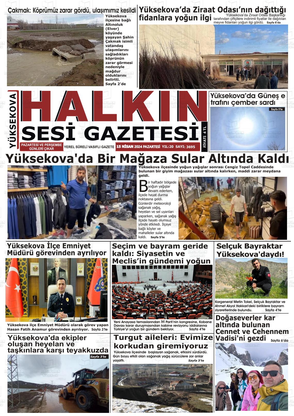 15 Nisan 2024 Yüksekova Halkın Sesi Gazete Manşeti