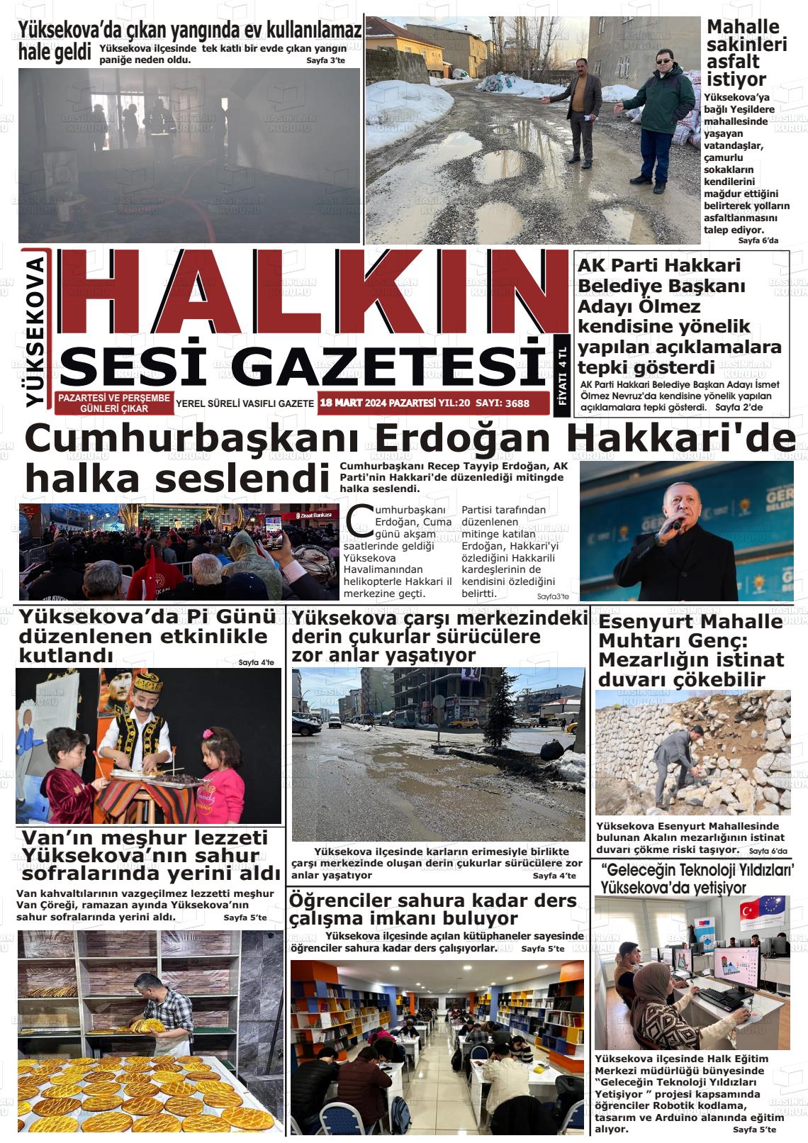 18 Mart 2024 Yüksekova Halkın Sesi Gazete Manşeti