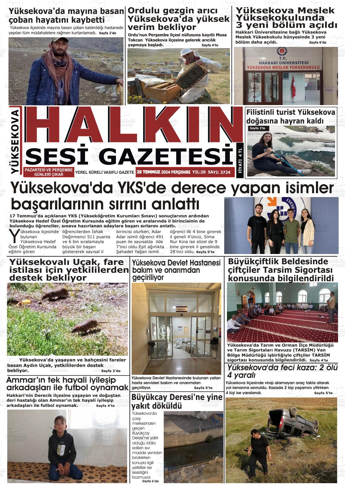 25 Temmuz 2024 Yüksekova Halkın Sesi Gazete Manşeti