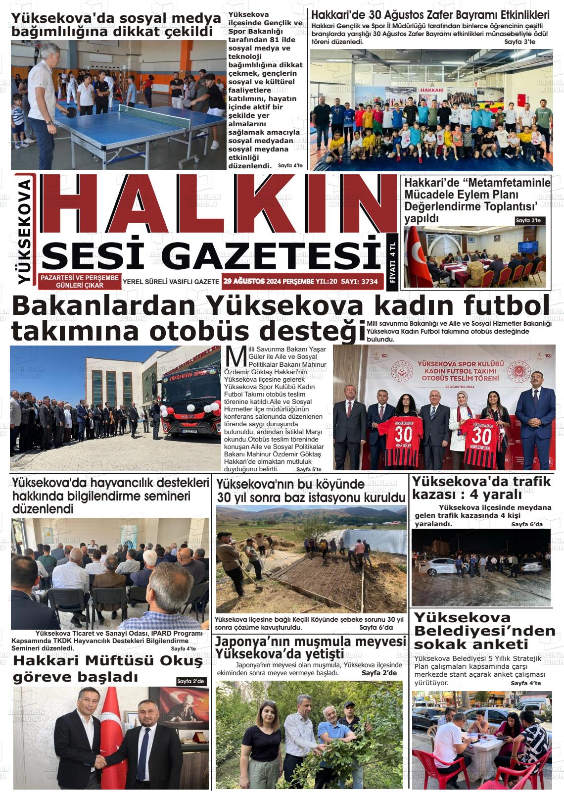 29 Ağustos 2024 Yüksekova Halkın Sesi Gazete Manşeti