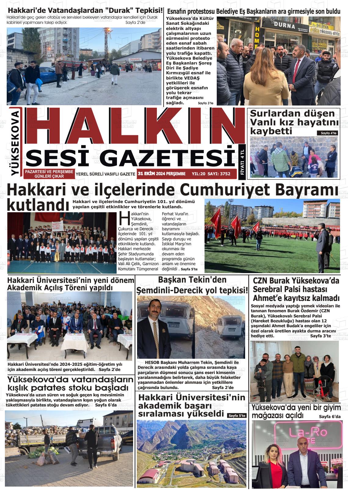 31 Ekim 2024 Yüksekova Halkın Sesi Gazete Manşeti