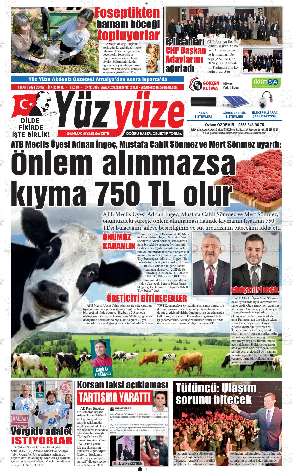 01 Mart 2024 Yüz Yüze Akdeniz Gazete Manşeti