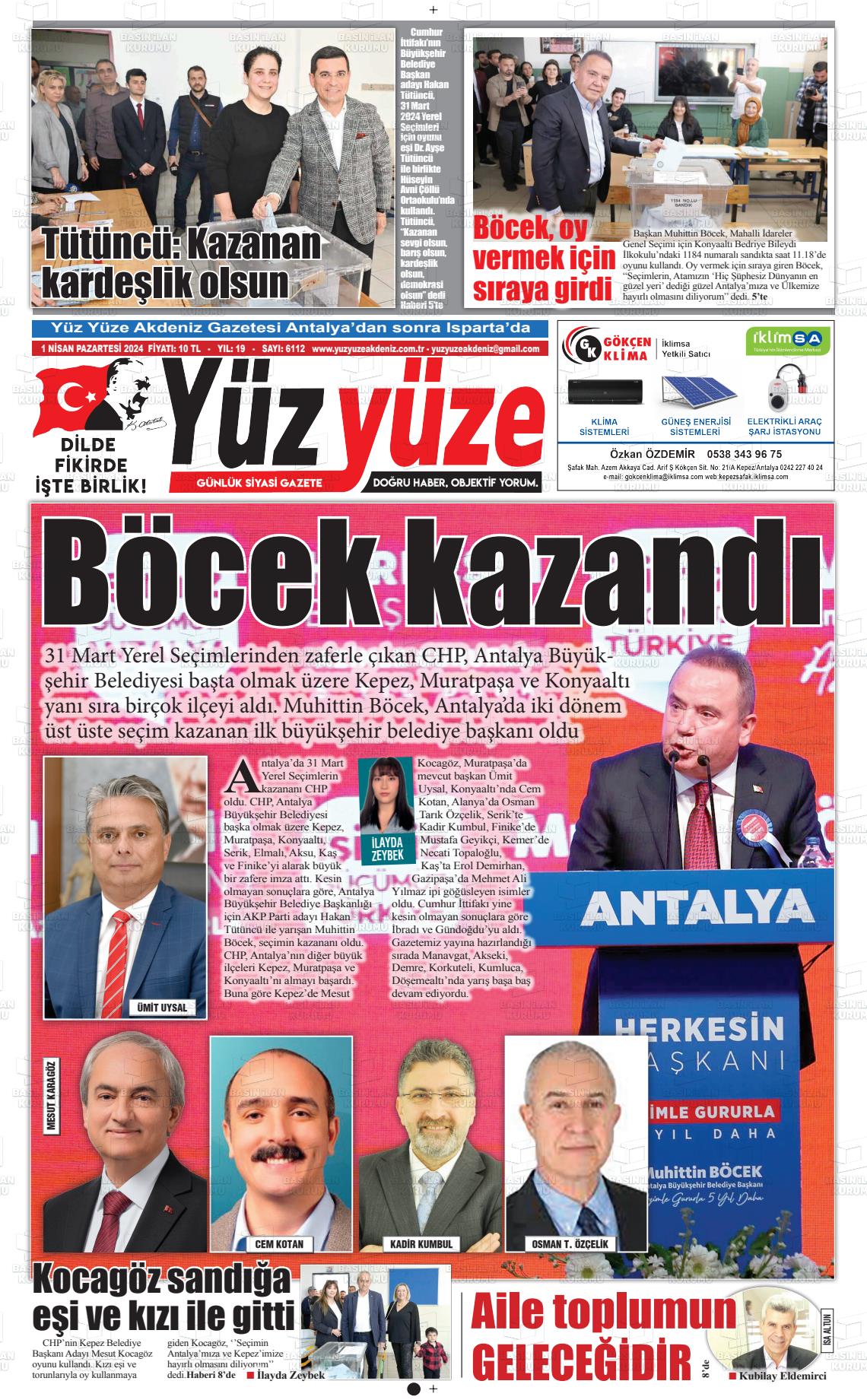 01 Nisan 2024 Yüz Yüze Akdeniz Gazete Manşeti