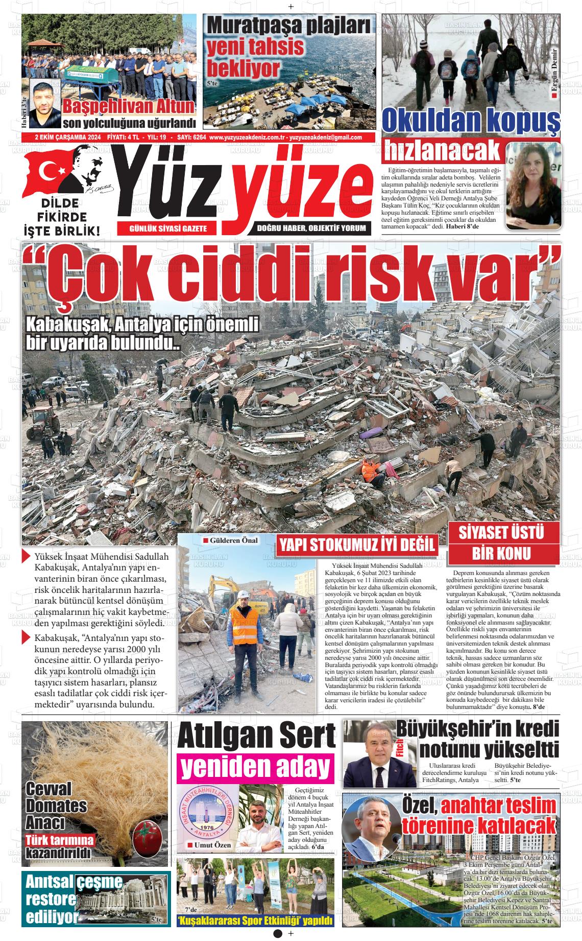 02 Ekim 2024 Yüz Yüze Akdeniz Gazete Manşeti