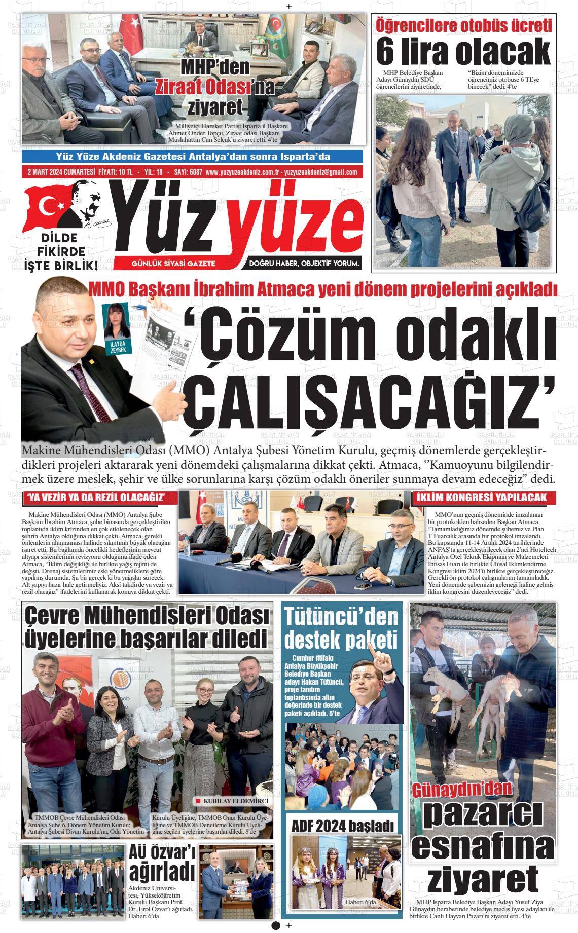 02 Mart 2024 Yüz Yüze Akdeniz Gazete Manşeti