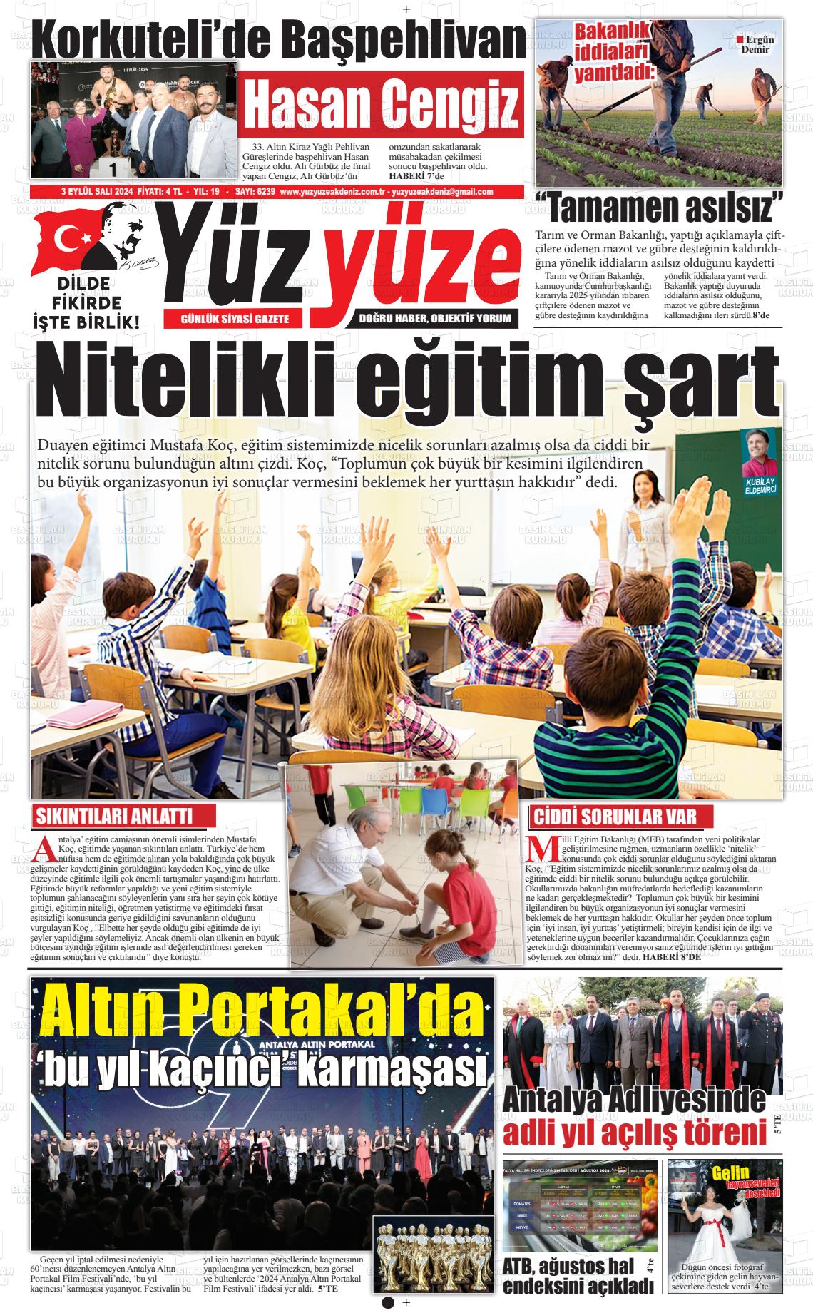 03 Eylül 2024 Yüz Yüze Akdeniz Gazete Manşeti