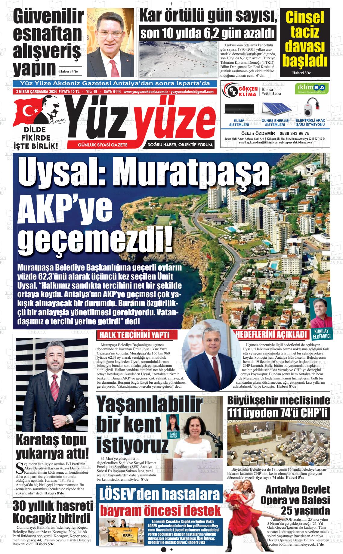 03 Nisan 2024 Yüz Yüze Akdeniz Gazete Manşeti