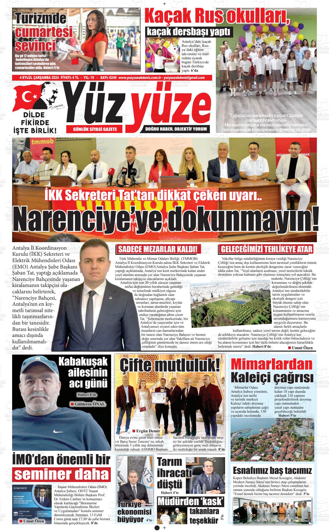 04 Eylül 2024 Yüz Yüze Akdeniz Gazete Manşeti