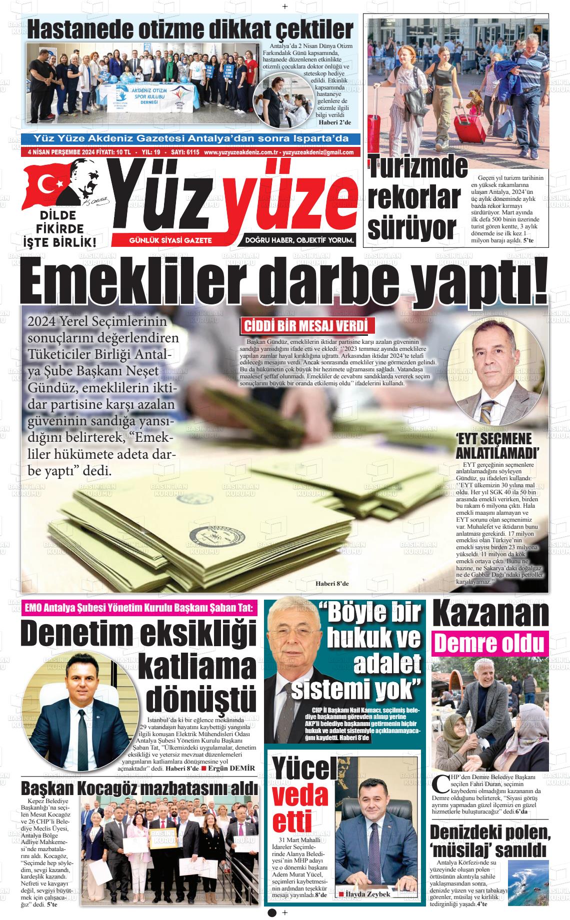 04 Nisan 2024 Yüz Yüze Akdeniz Gazete Manşeti