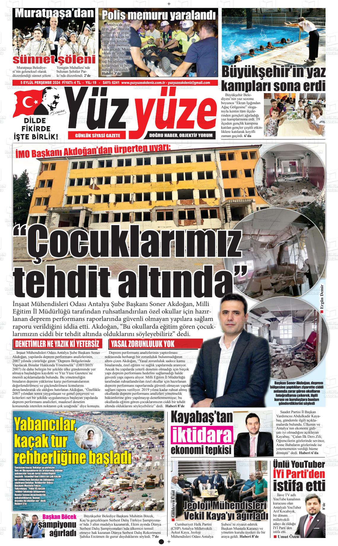 05 Eylül 2024 Yüz Yüze Akdeniz Gazete Manşeti