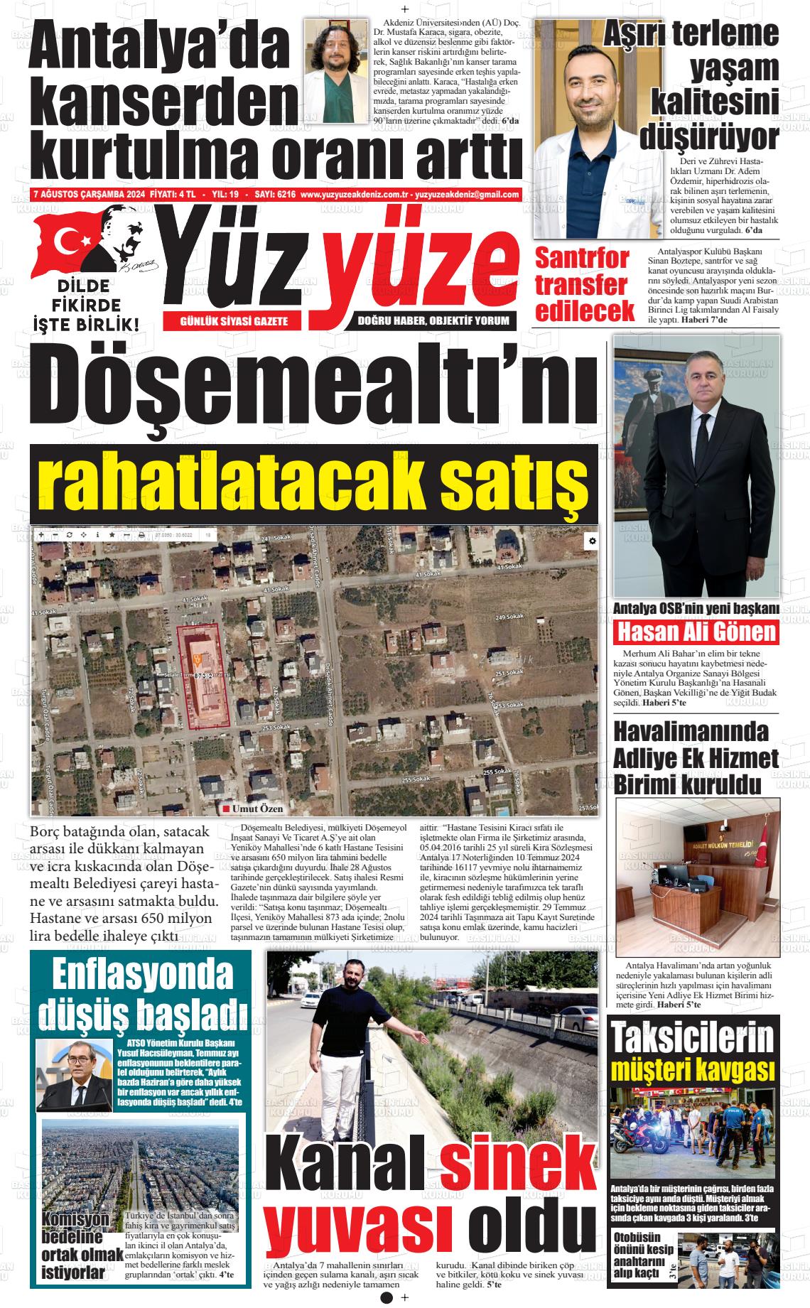 07 Ağustos 2024 Yüz Yüze Akdeniz Gazete Manşeti