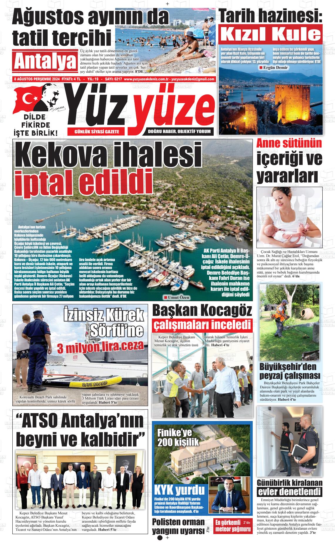 08 Ağustos 2024 Yüz Yüze Akdeniz Gazete Manşeti