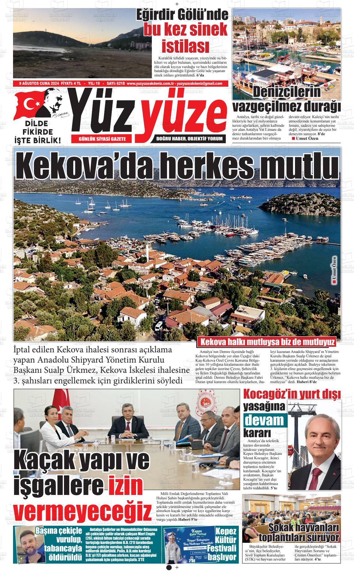 09 Ağustos 2024 Yüz Yüze Akdeniz Gazete Manşeti