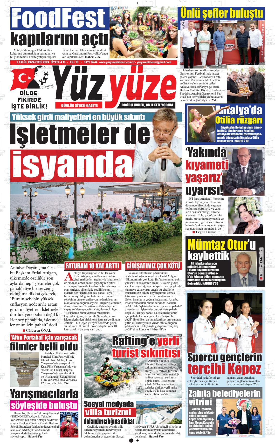 09 Eylül 2024 Yüz Yüze Akdeniz Gazete Manşeti