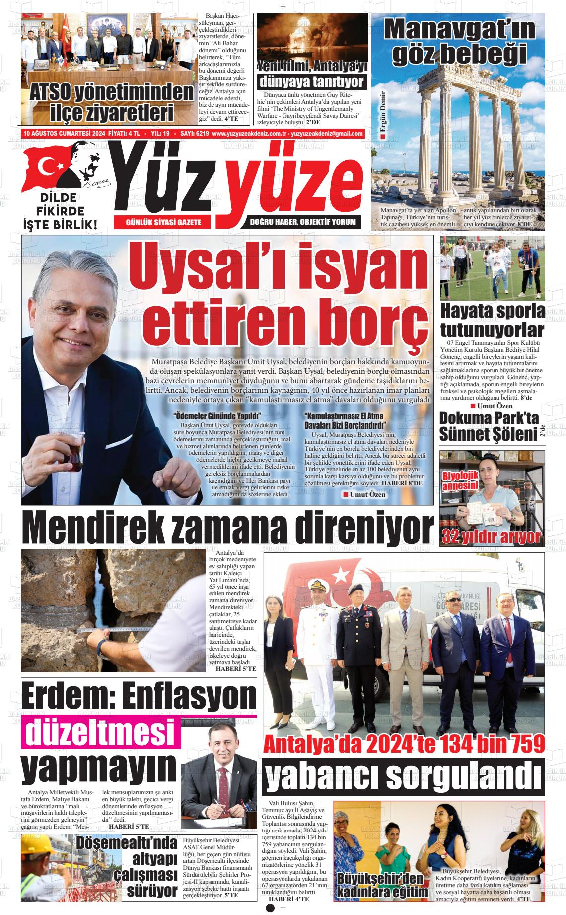 10 Ağustos 2024 Yüz Yüze Akdeniz Gazete Manşeti