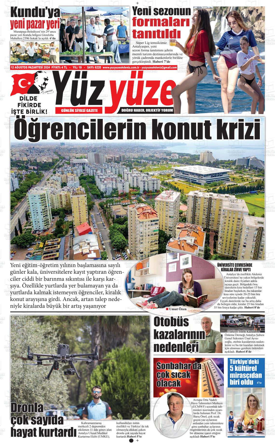 12 Ağustos 2024 Yüz Yüze Akdeniz Gazete Manşeti